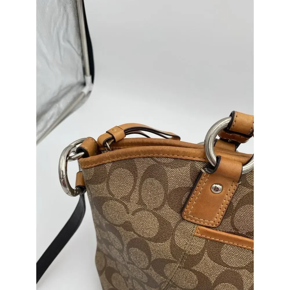 Coach Peyton Signature Pocket Tote Messenger Bag Tan Brown Crossbody Strap